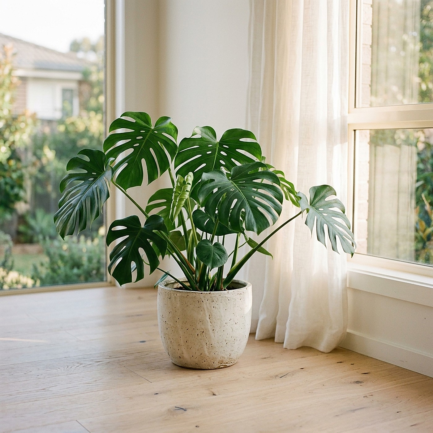 A monstera in a stoneware pot by a window